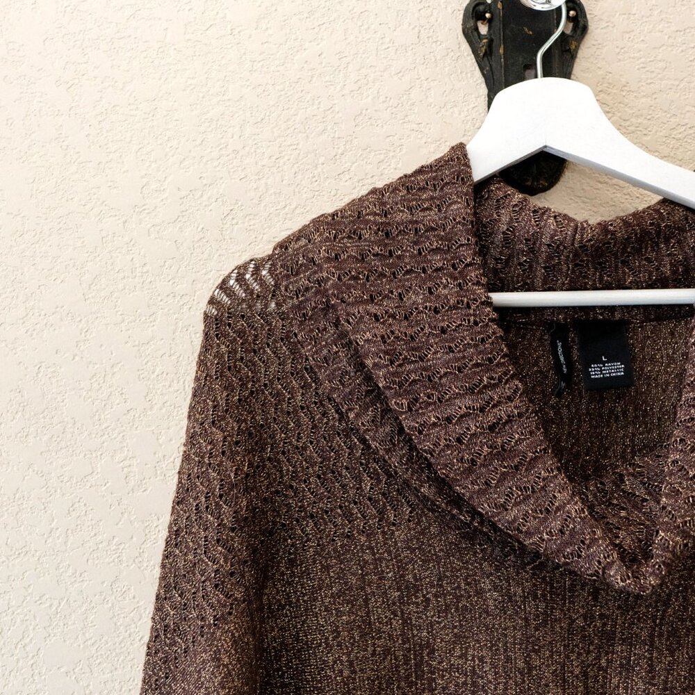 New Directions Large Sparkly Brown Sweater Top Dolman Sleeve Open Knit Metallic - Picture 4 of 9